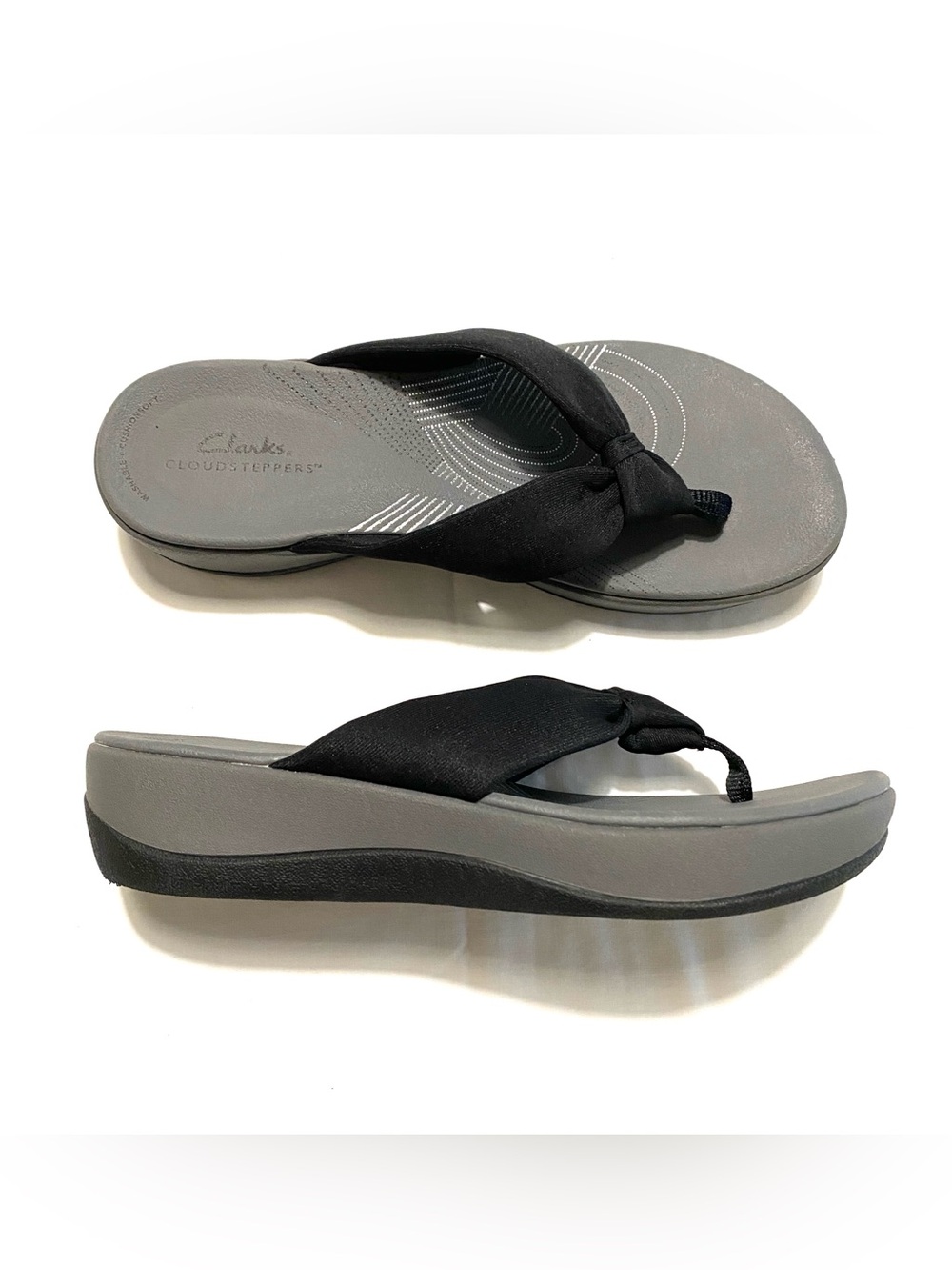 Clarks Arla Glison Cushion Soft Wedge Slide Thong Sandals Black Grey Women’s 8